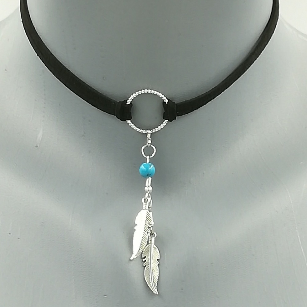 Handmade, Silver Feathers Black Faux Suede Choker - Picture 5 of 8